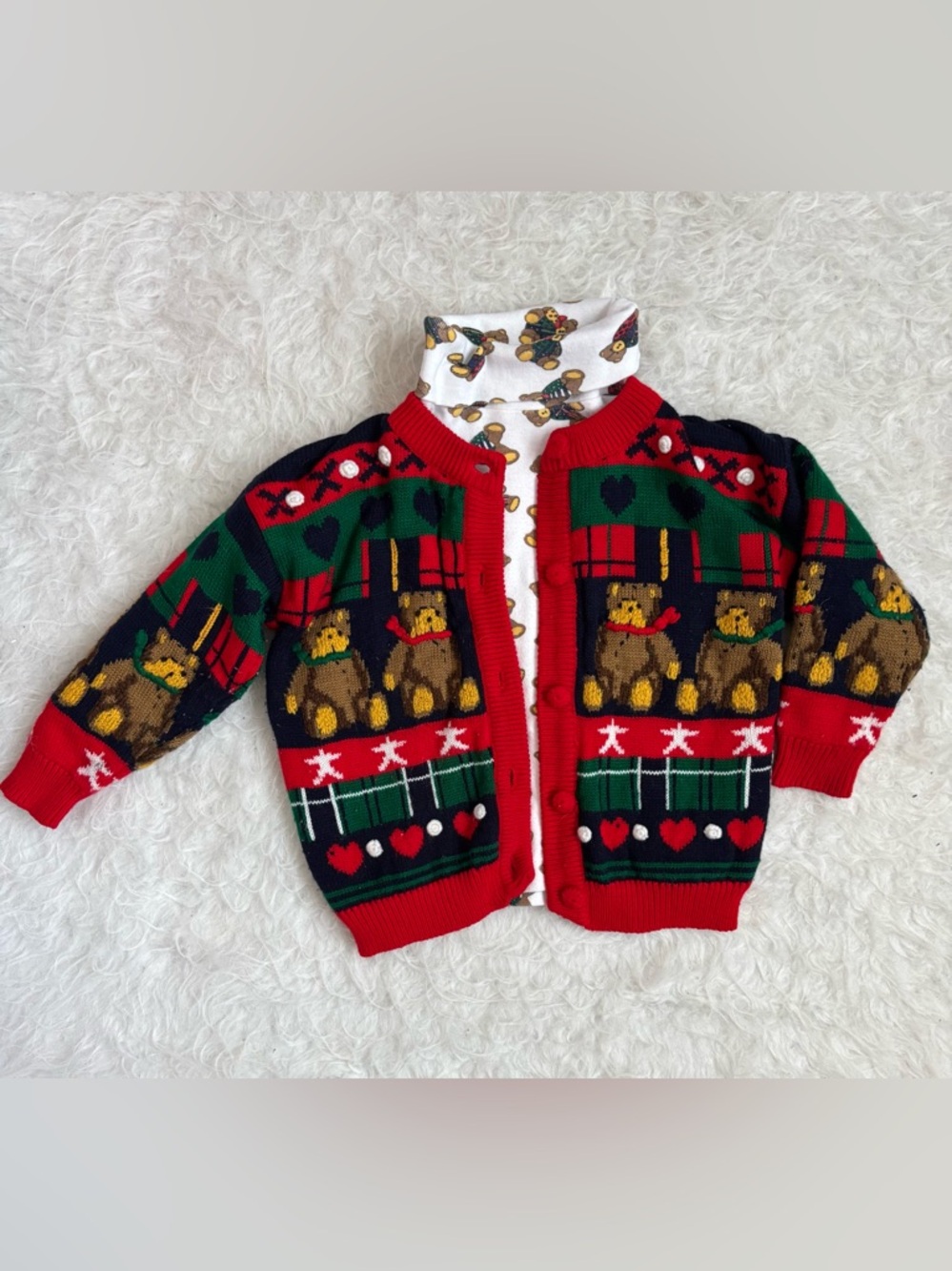 Vintage 1994 Grandmacore Teddy Bear Matching Festive Turtleneck & Sweater Set